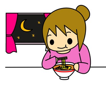 夜食にラーメンを食べる女性のイラスト